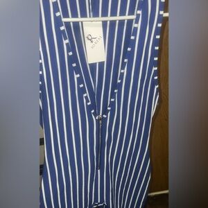 Blue and white striped zip-up romper #stripes